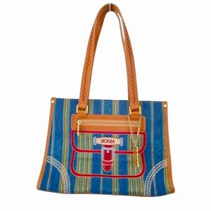Vintage Y2K Bonia Italy Shoulder Bag Purse Fabric and Leather Stripes Stitching
